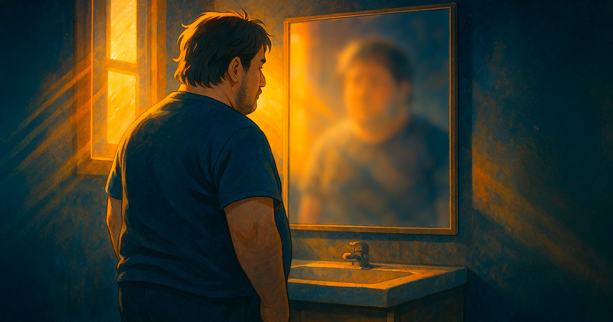 fat-loss-identity-essay-featured-image Anime-style illustration of a middle-aged man standing in front of a blurred mirror, reflecting on personal transformation and shame.