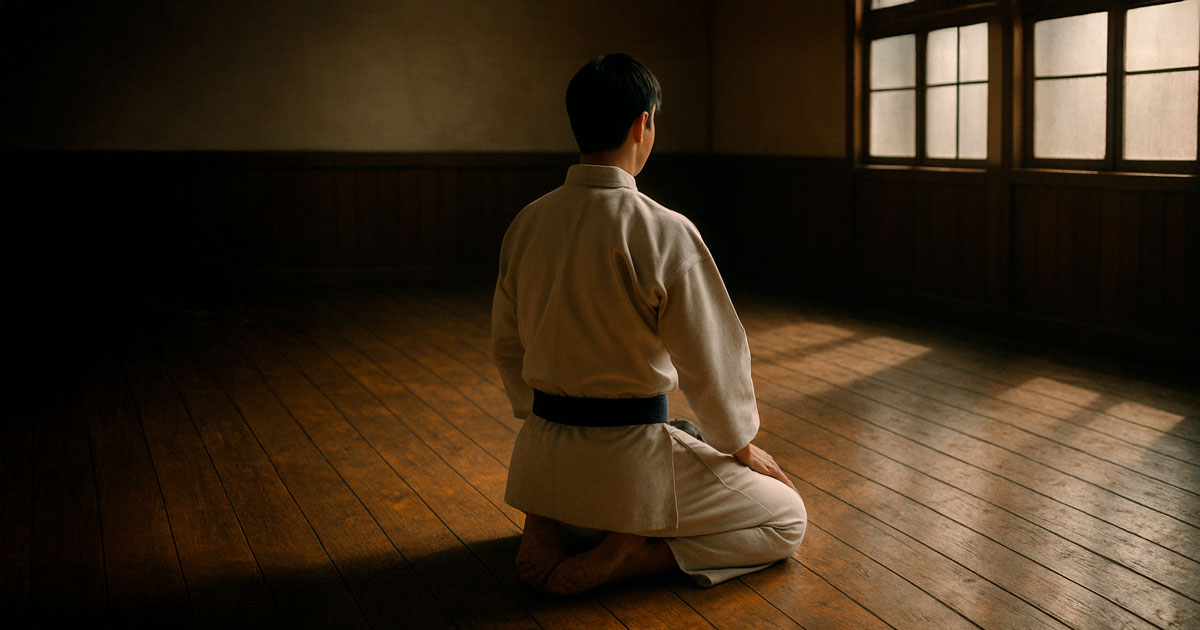 Stillness in Seiza – Karate Practice in Empty Dojo A martial artist in a white karate gi kneeling in seiza on a worn wooden floor inside an empty traditional dojo, with soft natural light streaming through the windows.
