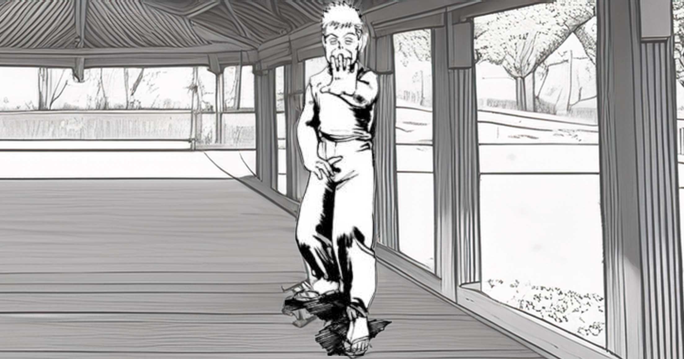 kenji-pavilion Martial artist in San Ti stance practicing standing meditation under a covered park pavilion.