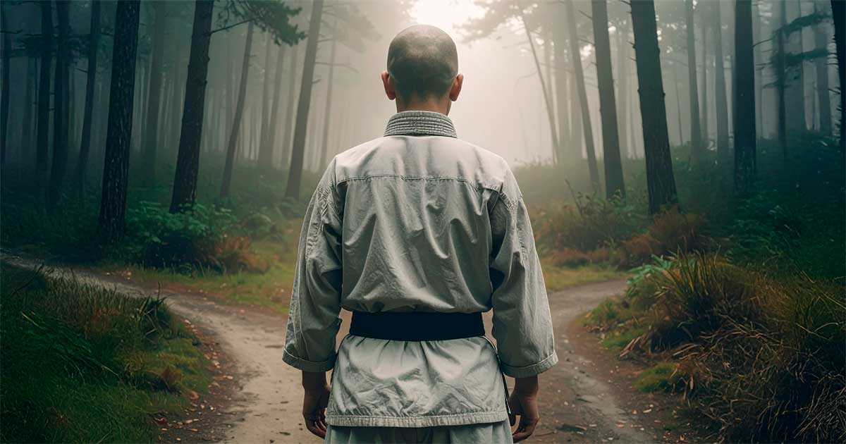 The Wanderer’s Regret – A Martial Artist’s Journey Without Arrival A middle-aged martial artist in a black gi stands in a quiet dojo, looking down in reflection. The lighting is soft and moody, evoking a sense of introspection and lifelong searching. The image captures the theme of wandering through martial arts without mastering one path.