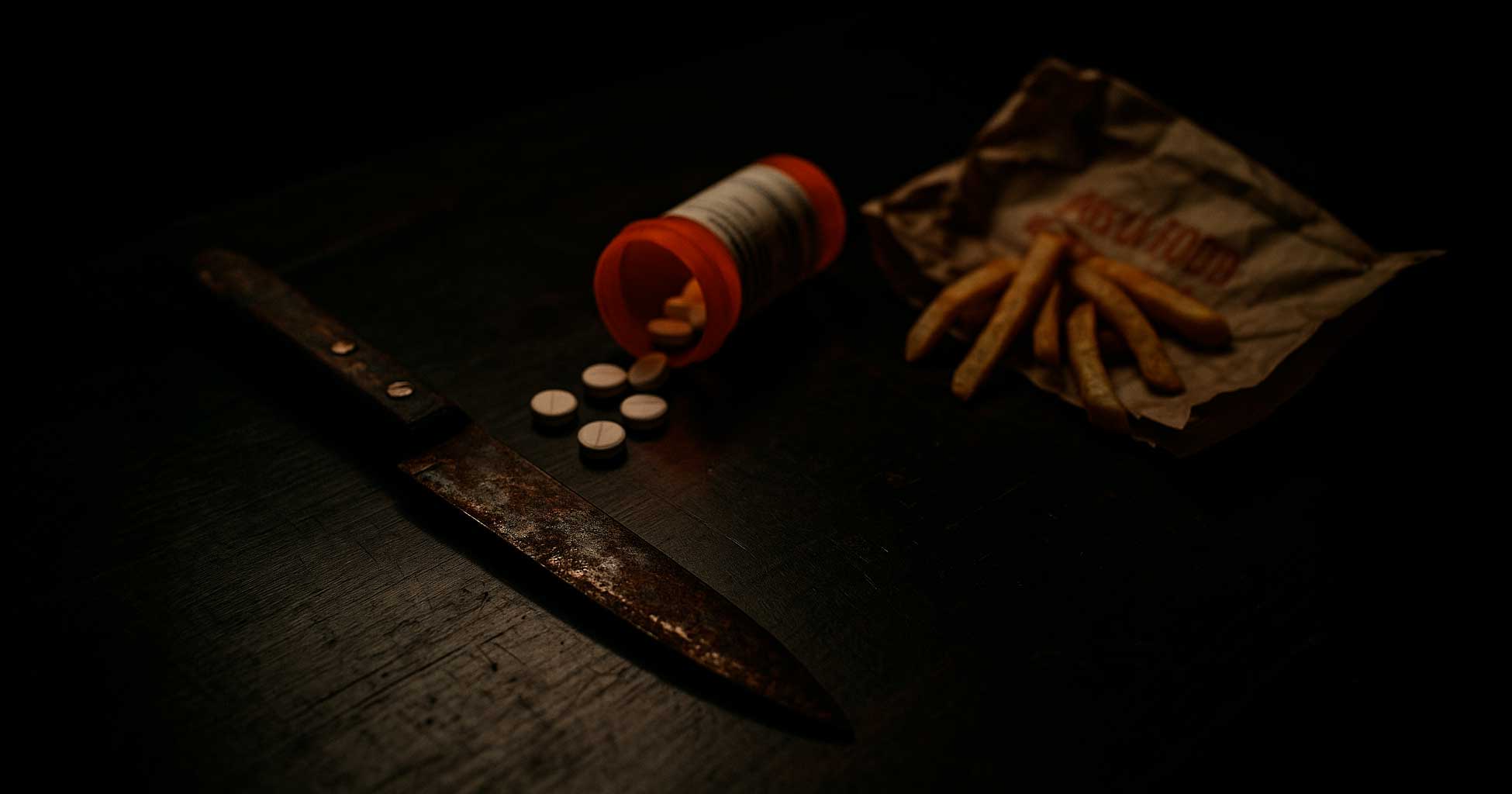 real-self-defense-modern-struggle Rusty weapon, spilled pills, and fast food on table — symbolic real self-defense metaphor