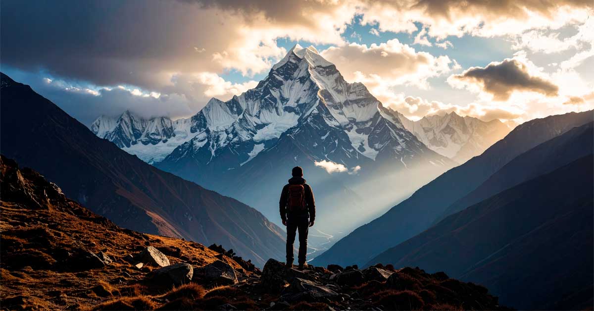Solitary Figure in Himalayas in dramatic light Silhouette of a person standing on a mountain ridge with snow-capped Himalayan peaks in the distance under a moody sky