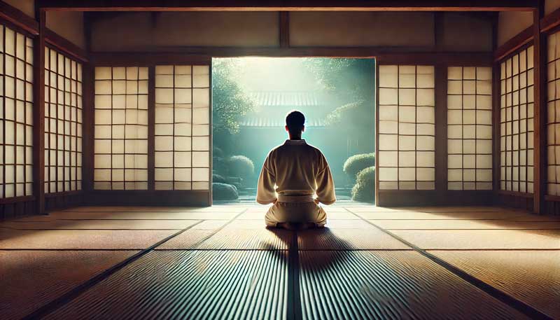 A lone martial artist seated in seiza in a quiet dojo, reflecting on the path of practice and personal growth