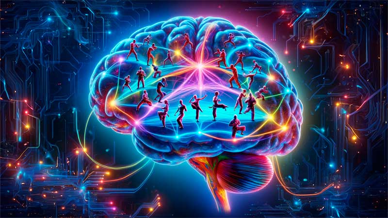 An illustration of a brain with interconnected neurons, overlaid with silhouettes of martial artists practicing various techniques, symbolizing the connection between mental focus and physical skill development.