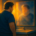 Anime-style illustration of a middle-aged man standing in front of a blurred mirror, reflecting on personal transformation and shame.