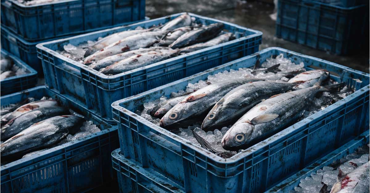 Whole fish displayed in white crates filled with ice at a fish market.