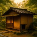 A cinematic photo of a traditional Japanese tea house with a small nijiriguchi entrance, surrounded by moss and stone in a peaceful garden. A symbol of humility and tradition.