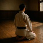 A martial artist in a white karate gi kneeling in seiza on a worn wooden floor inside an empty traditional dojo, with soft natural light streaming through the windows.