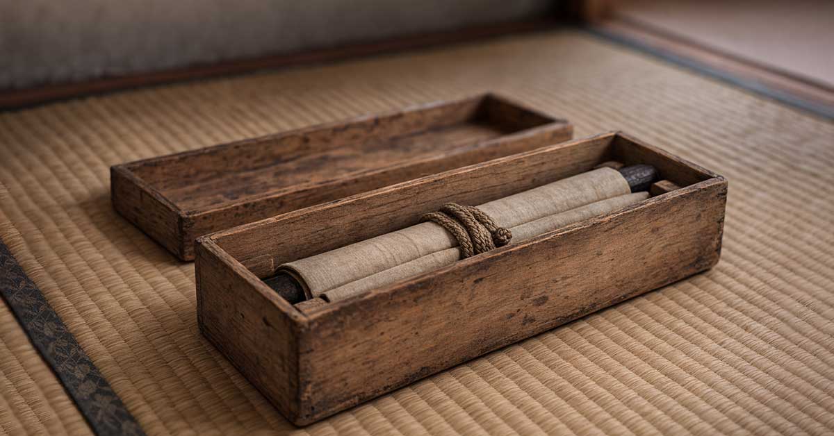 Paulownia wood kiribako box open on tatami mat with a handwritten makimono scroll inside