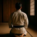 Martial artist reflecting in seiza pose in morning dojo light