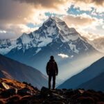 Silhouette of a person standing on a mountain ridge with snow-capped Himalayan peaks in the distance under a moody sky