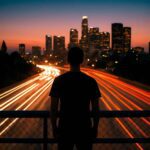A lone man stands on an overpass at twilight, watching traffic light trails flow beneath him, with a city skyline glowing in the background.